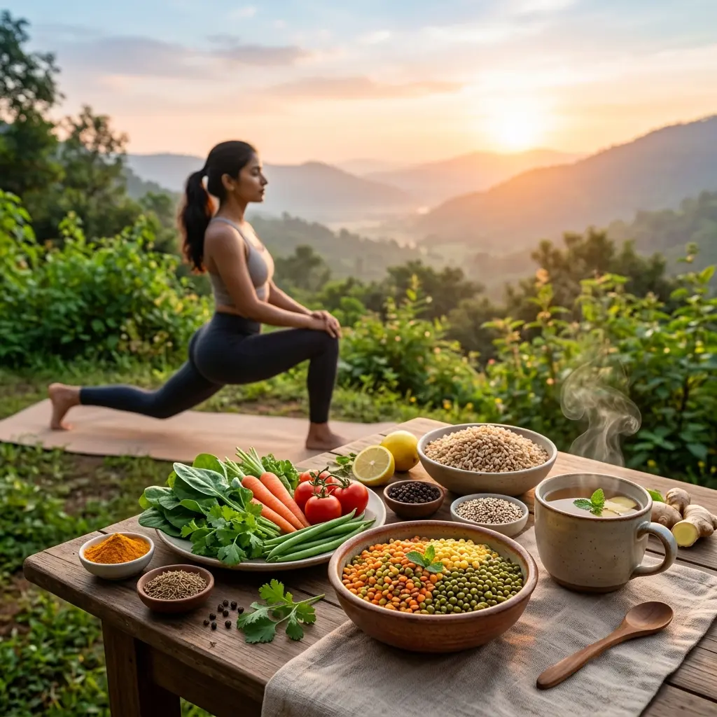 A spread of colourful Indian foods including dal, vegetables, spices and millets on a traditional thali