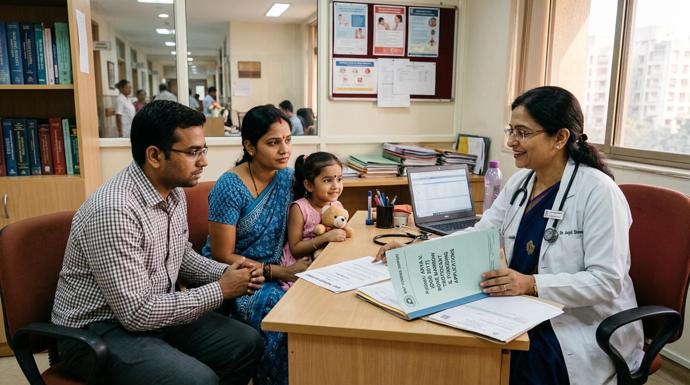 Child with thalassemia and parents at a hospital discussing bone marrow transplant funding